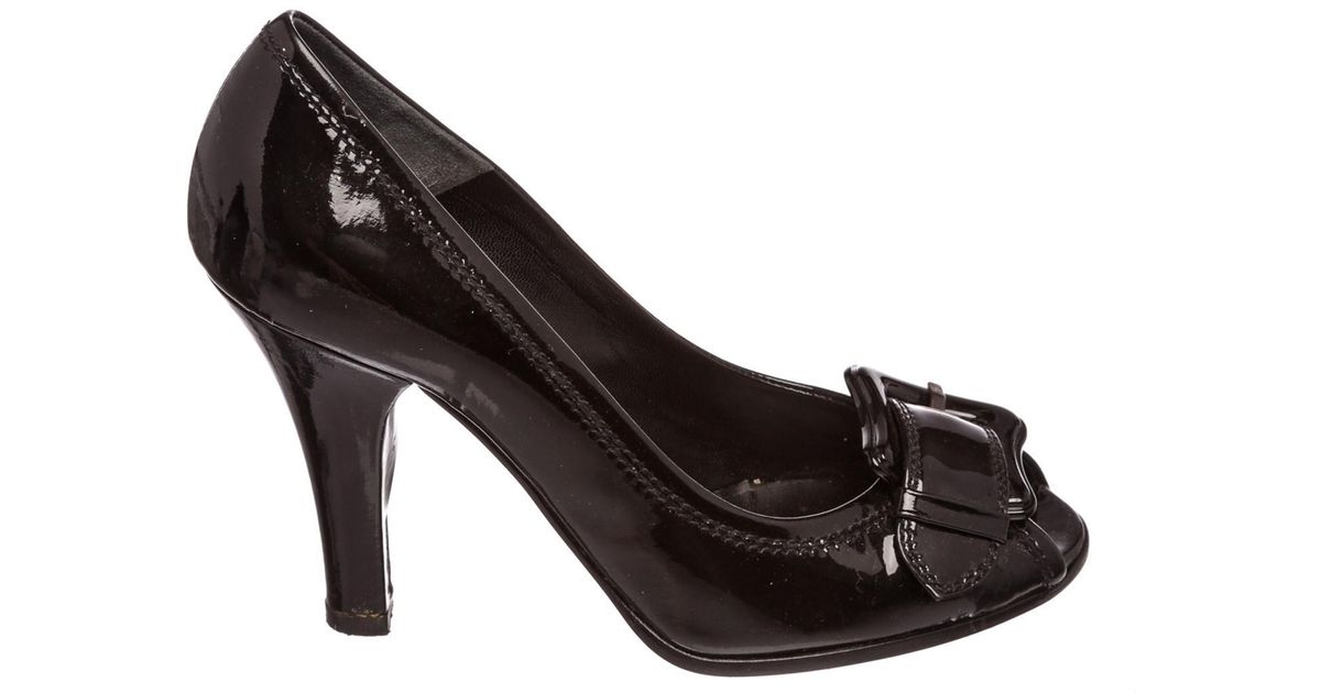 black patent peep toe heels