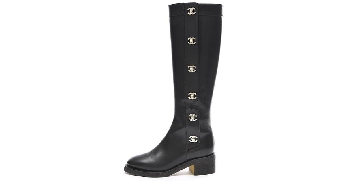 Chanel Turn Lock Long Boots Leather 