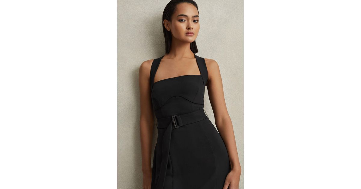 Reiss Nylah - Black Cross-back Belted Bodycon Midi Dress, Us 8 | Lyst