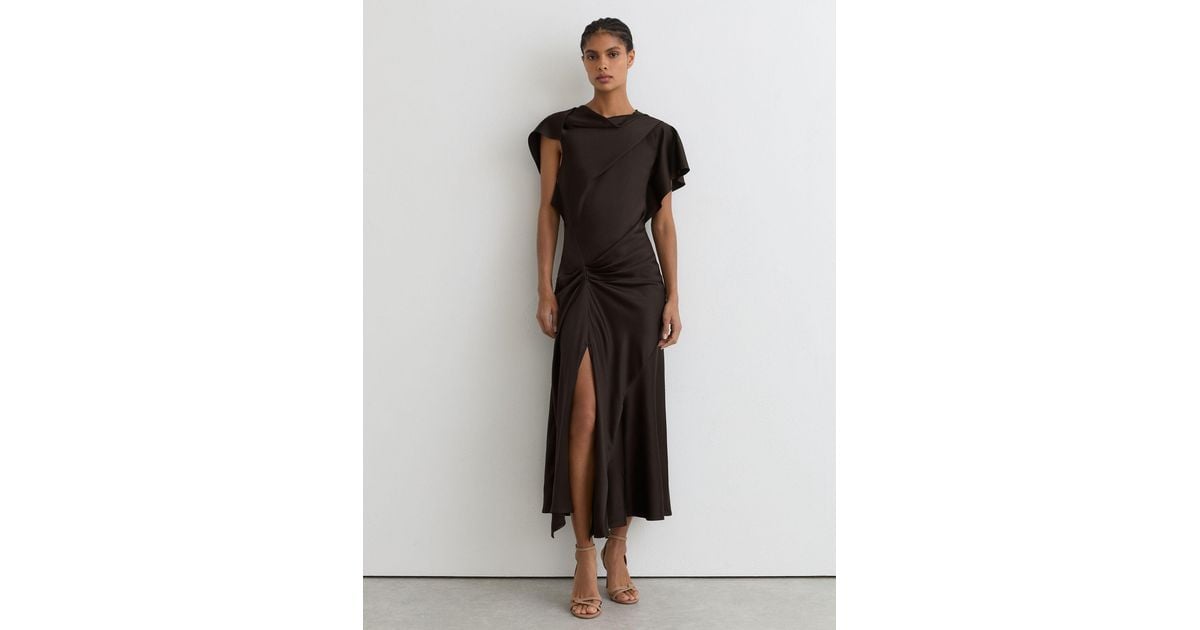 reiss brown satin dress Reiss Satin Tuck-Detail Cape Midi Dress in Taupe Brown