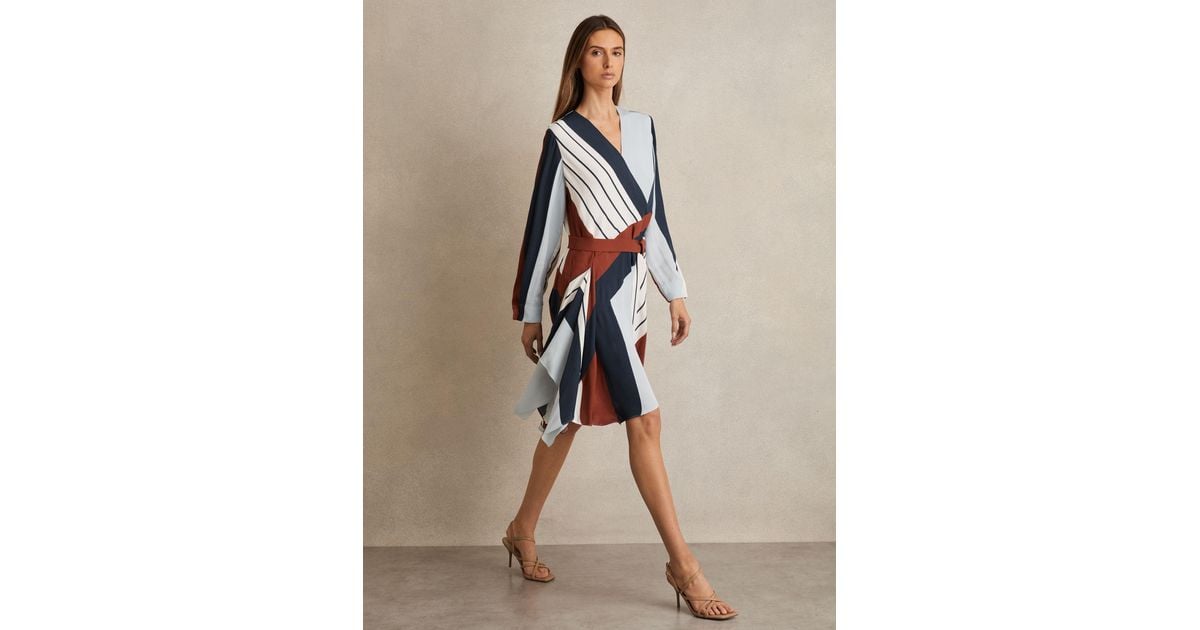 Reiss Stripe-Print Wrap Dress in Natural | Lyst