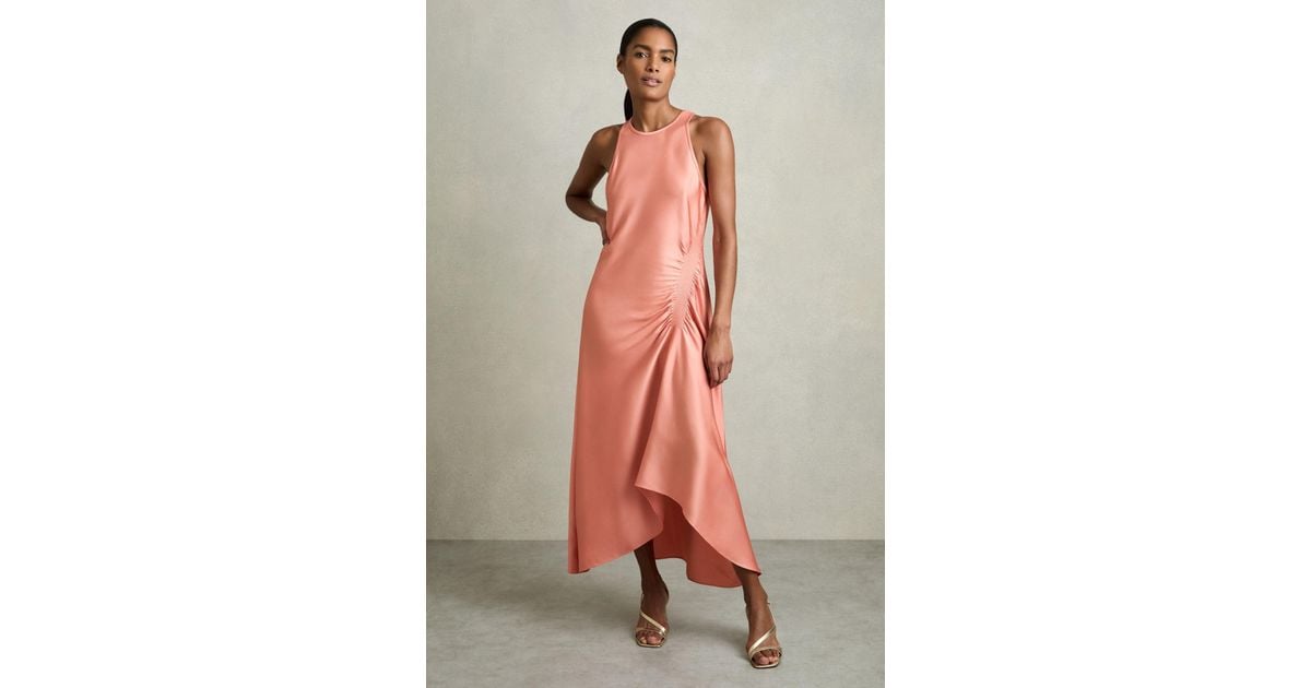 【海外限定】REISSドレス☆Anessa Satin Shirred Midi Dress in Reiss Satin Shirred Midi Dress in Coral | REISS
