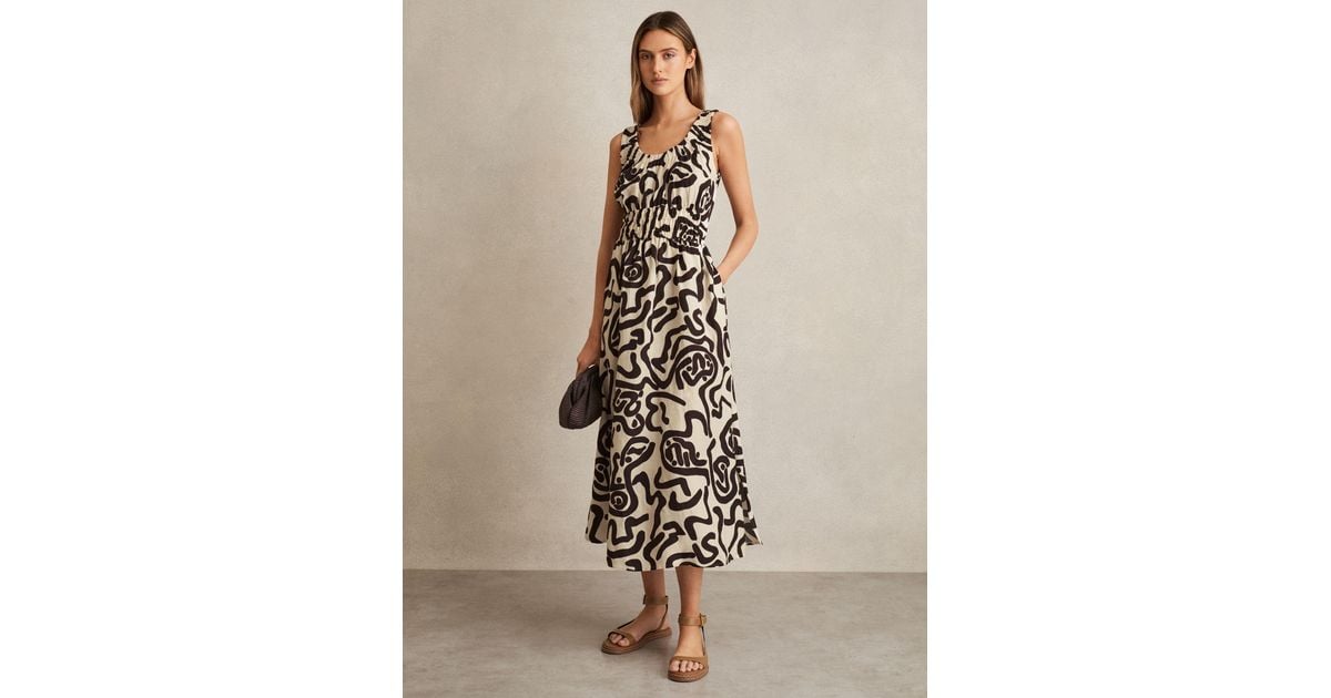 Reiss Akari - Brown/ivory Linen-blend Printed Shirred Midi