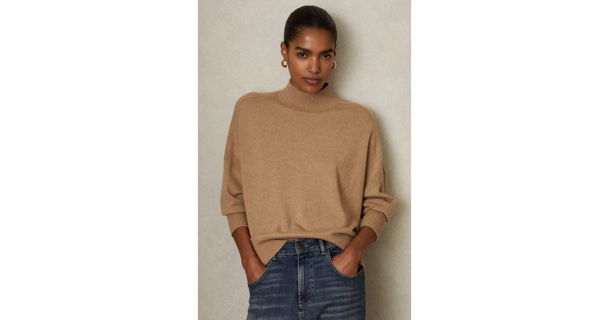 Reiss Alicia Camel Wool Blend Funnel Neck Jumper in Natural Lyst