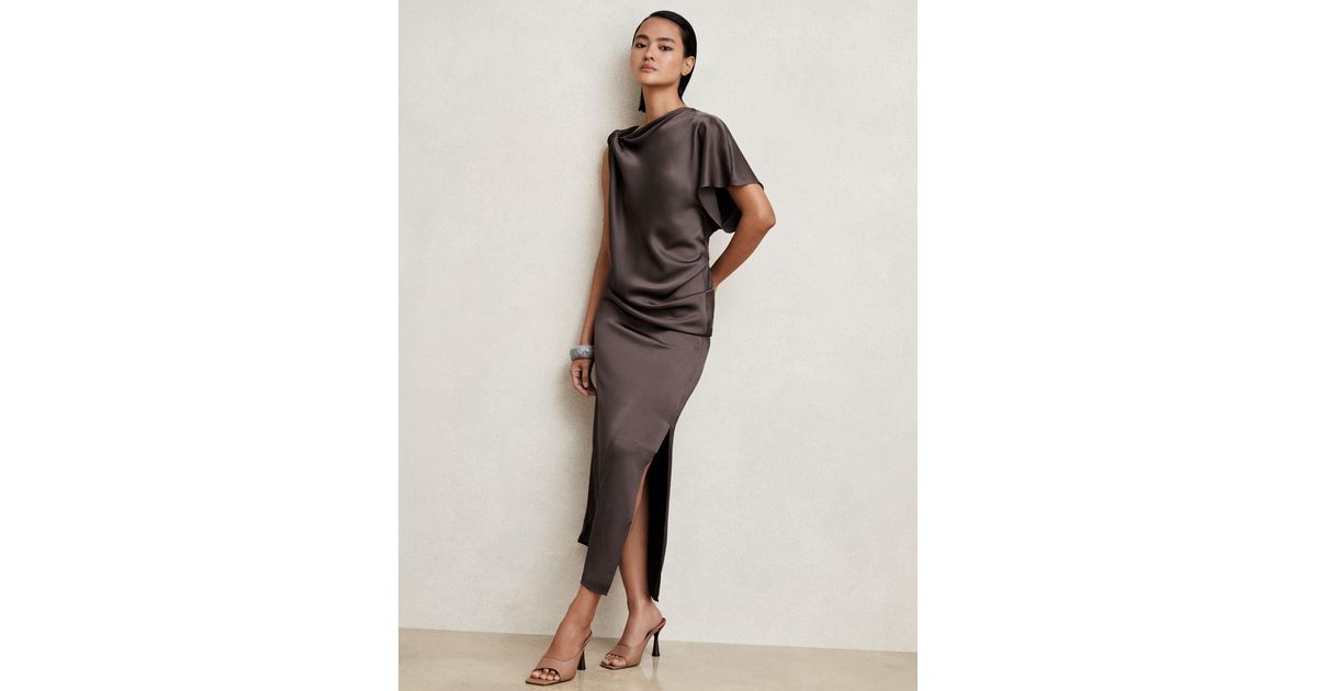 kenzie satin asymmetric draped midi dress in mauve Reiss Kenzie Satin Asymmetric Draped Midi Dress