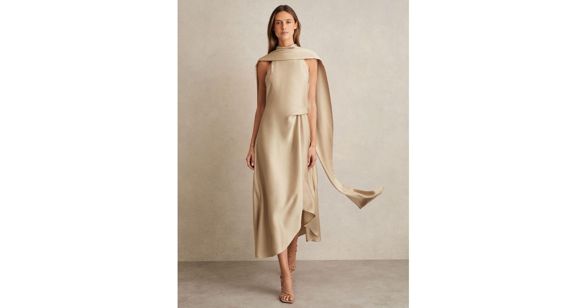 michelle satin tuck detail cape midi dress in champagne neutral Reiss Michelle - Champagne Neutral Satin Tuck-detail Cape Midi Dress, Us 6  in Natural