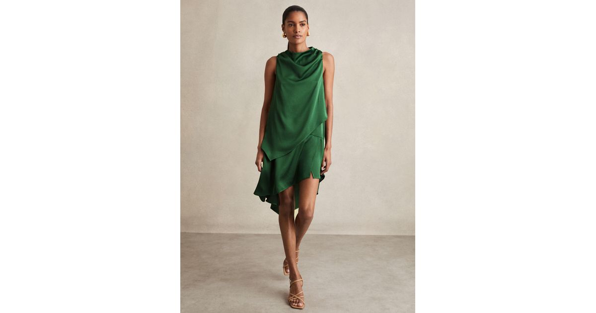 Reiss Satin Drape-Neck Layered Dress in Green | Lyst