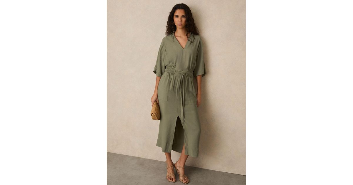 reiss cecily midi shirt dress Reiss Cecilia - Khaki Shirred-waist Midi Shirt Dress, Us 2 in Green