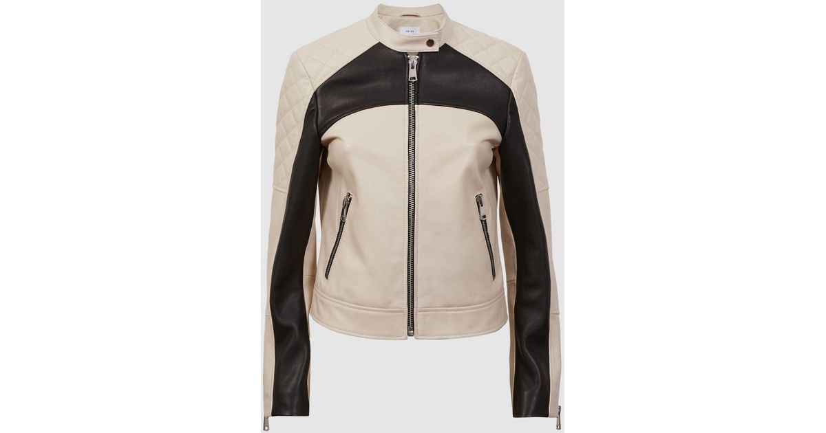 Reiss Adelaide Black/neutral Leather Collarless Quilted Jacket in