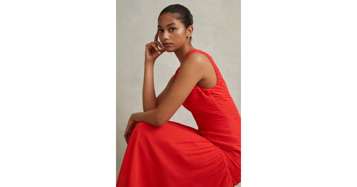 reiss saffy ruched bodycon midi dress Reiss Petite Ruched Bodycon Midi Dress in Red