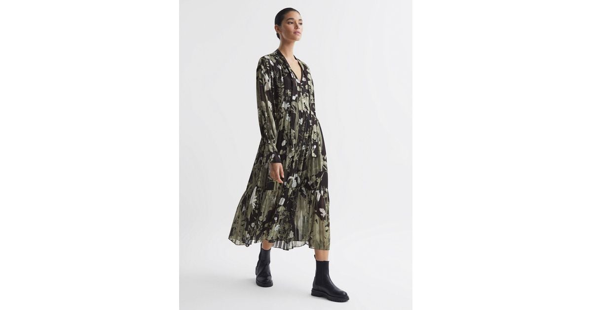 【海外限定】REISSワンピース☆Lottie Floral Print Tie Neck Mi REISS Lottie Floral Print Tie Neck Midi Dress in Green