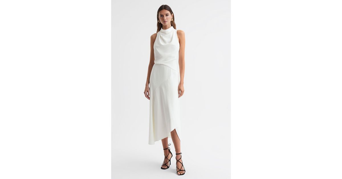 Reiss Giana - Ivory High Neck Draped Midi Dress in White | Lyst