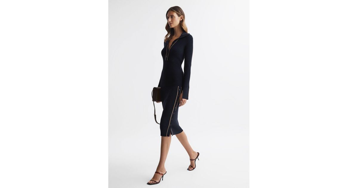 Reiss Camel Bodycon Knitted Colourblock Midi Dress in Black | Lyst UK