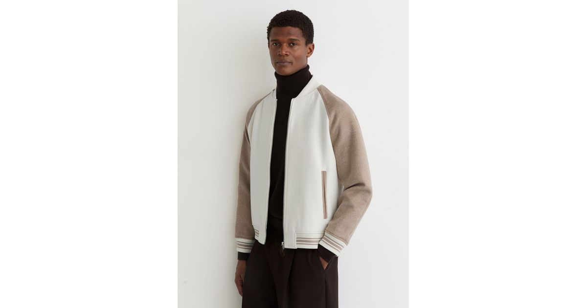 Woolx Rylan Reiss Off & Oatmeal Wool-Blend Colour-Block Bomber Jacket in Natural ...