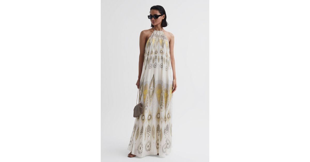 Reiss Liza - Yellow Printed Halter Neck Maxi Dress in White | Lyst