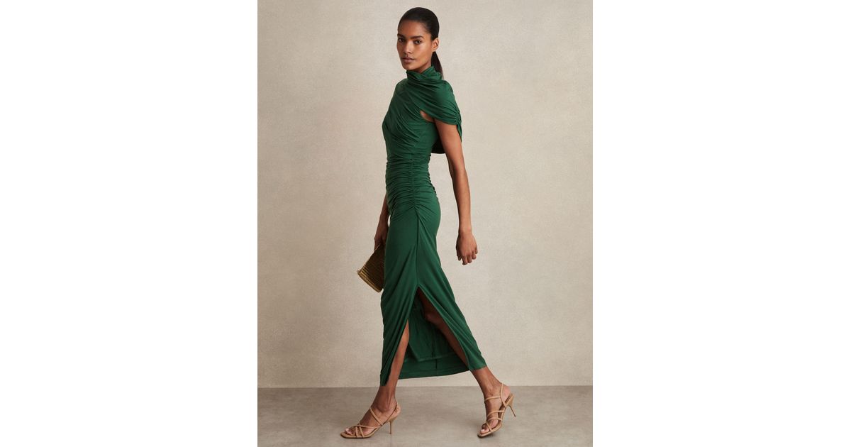 Reiss Stretch Lyocell Ruched Midi Dress in Green | Lyst