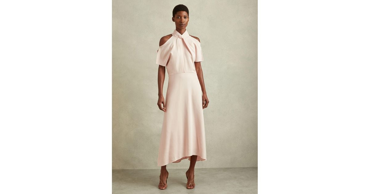 Reiss Twist Neck Cut Out Midi Dress in Natural | Lyst