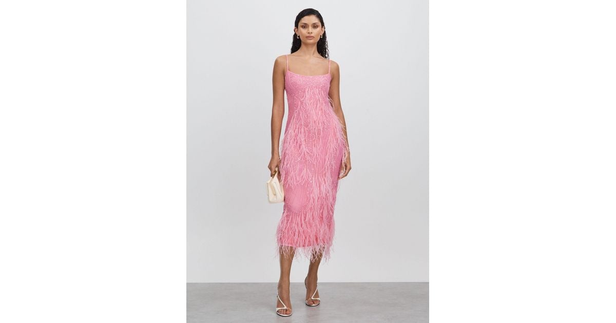 knee length dresses for ladies Mac Duggal Pink Embroidered Sleeveless Feather Detail Midi Dress Pink Size 12 main image 0