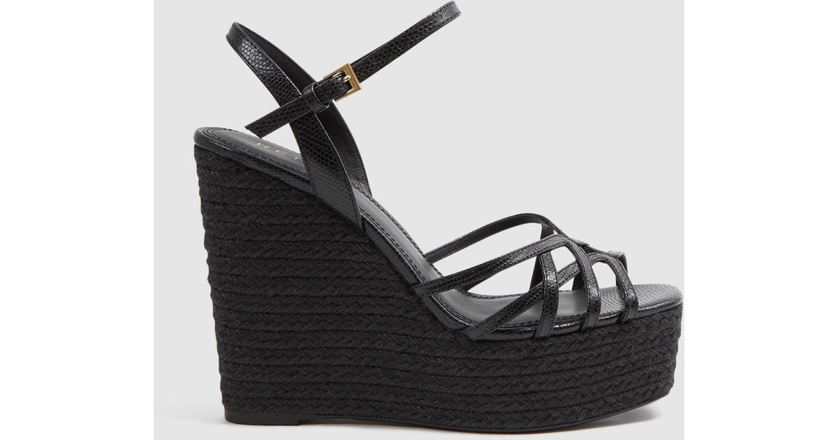 Reiss Elle Platform Wedge Heels - Black Leather Raffia Textured | Lyst