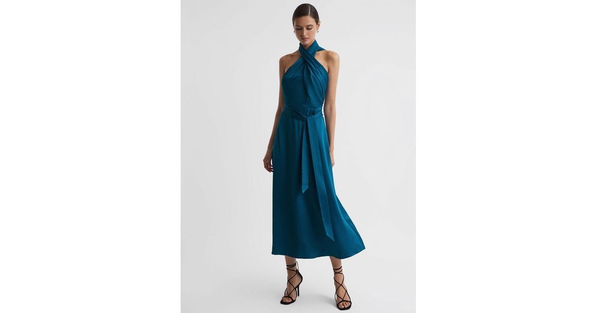 Reiss Satin Halter Neck Fitted Midi Dress in Blue | Lyst