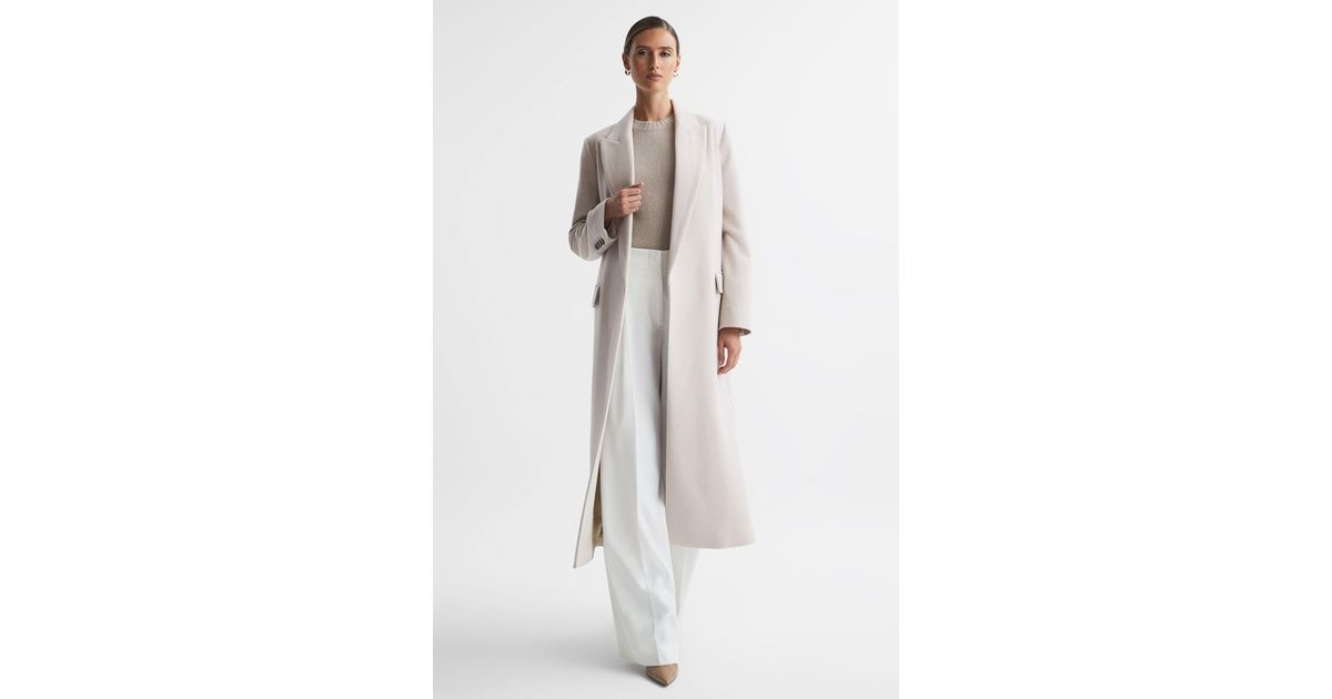 Reiss Lila - Stone Wool Blend Double Breasted Longline Coat | Lyst