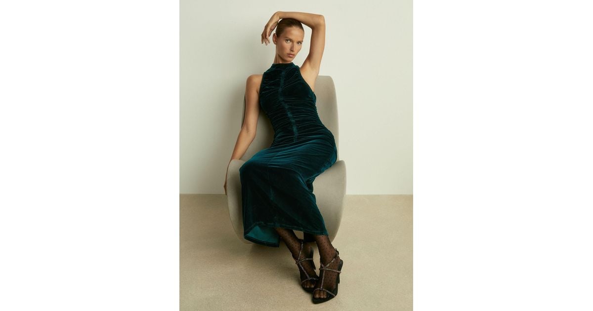 Reiss Niva - Teal Racer-front Ruched-velvet Dress, Us 6 in