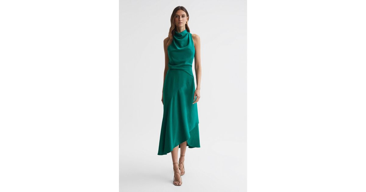 Reiss Giana Draped-neck Sleeveless Stretch-woven Midi Dress in Green | Lyst