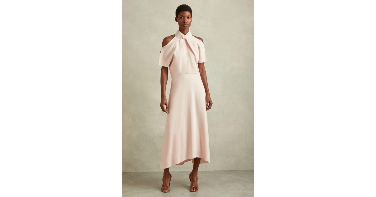 Reiss Twist Neck Cut Out Midi Dress in Natural | Lyst