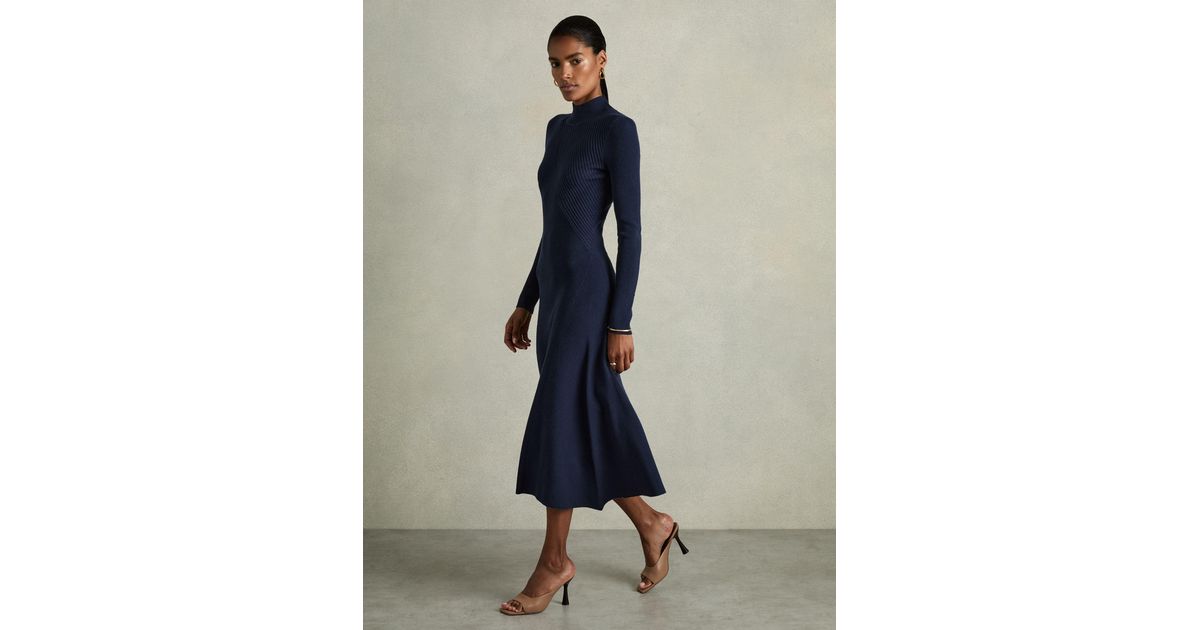 Reiss Ribbed Round Neck Midi Dress in Blue | Lyst