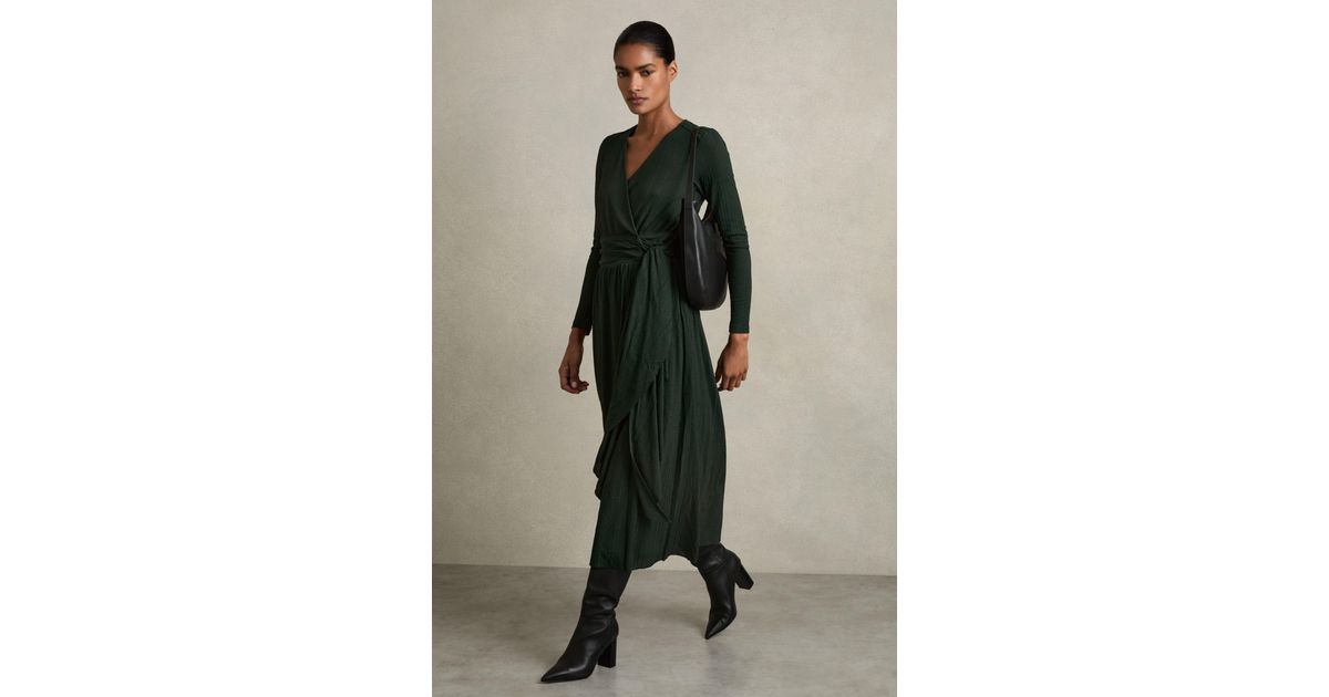 Reiss Madeline - Green Jersey Wrap-tie Midi Dress, Us 6 | Lyst