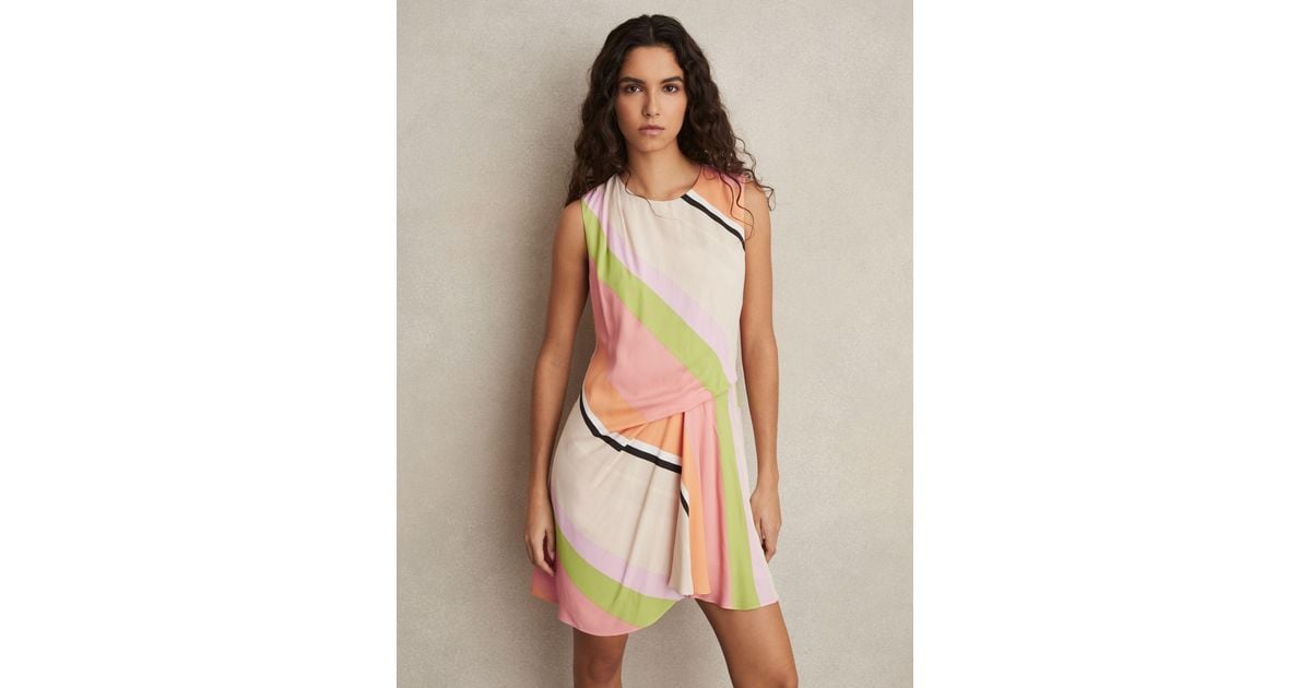 Reiss Ellia - Pink/green Stripe-print Tuck Mini Dress, Us 0 | Lyst
