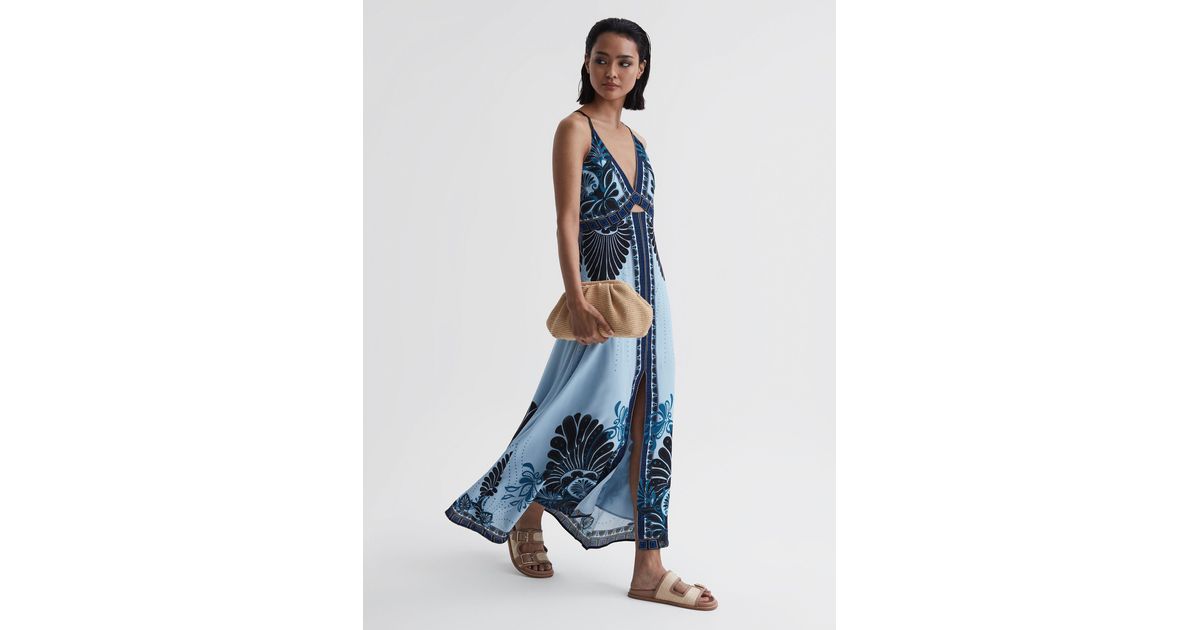 reiss emerson printed cut-out maxi dress Reiss Emerson Palm-print Woven Maxi Dress in Blue