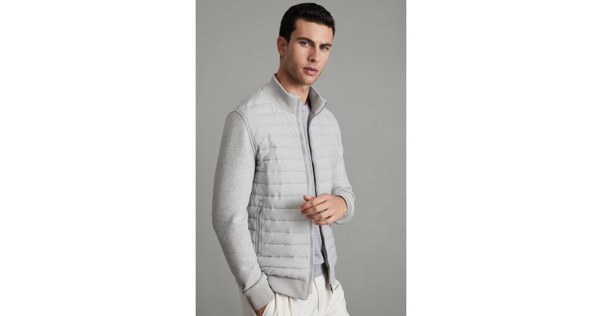 Reiss Freddie Soft Grey Melange Hybrid Quilt And Knit Zip through