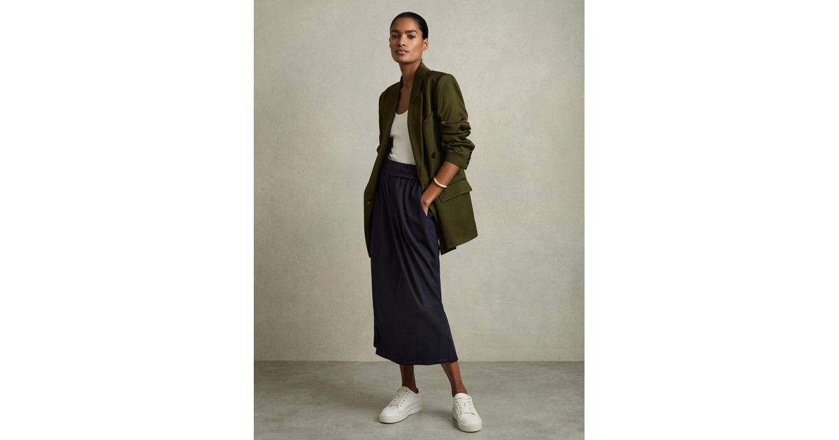Reiss Nora - Navy Wool-blend Ruched Jersey Midi Skirt, Us 4 Reiss Nora - Navy Wool-blend Ruched Jersey Midi Skirt, Us 4