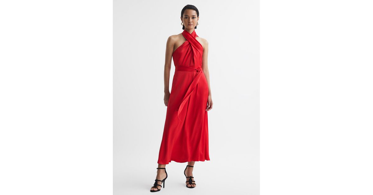 vida satin halter neck fitted midi dress Reiss Satin Halter Neck Fitted Midi Dress in Teal