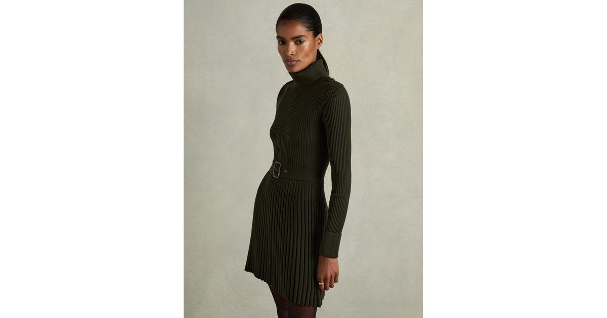 Reiss Roll-Neck Ribbed Mini Dress in Green | Lyst UK