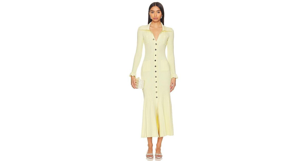 knit lace insert midi dress in yellow self-portrait Self-Portrait Self Portrait Lace Insert Knit Midi Dress in Yellow Viscose