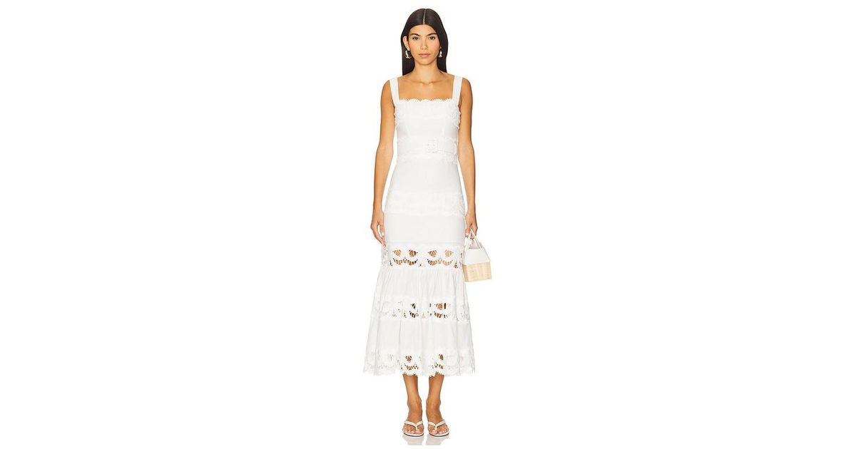 Self-Portrait Linen Lace Insert Midi Dress in White | Lyst