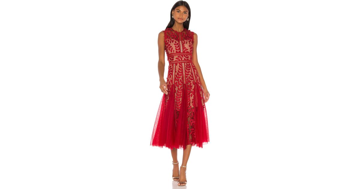 Bronx and Banco Tulle Saba Leaf Embroidered Sleeveless Midi Dress W/ Godet Detail | Lyst