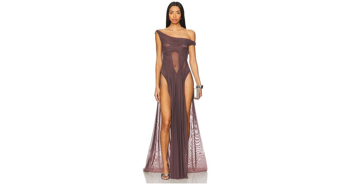 DI PETSA Wetlook Off-Shoulder Long Dress With Double Thigh Split in Brown | Lyst DI PETSA Wetlook Off-Shoulder Long Dress With Double Thigh Split in Brown | Lyst