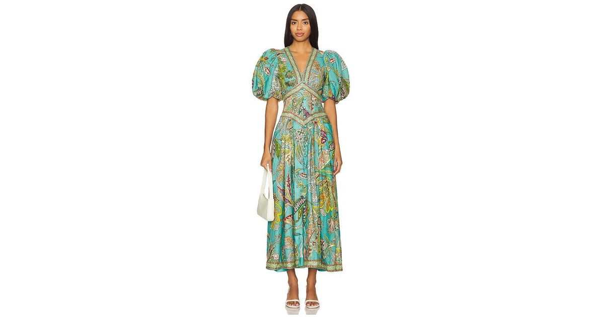 ALMAIS Franca Linen Puff-Sleeve Midi Dress in Green | Lyst