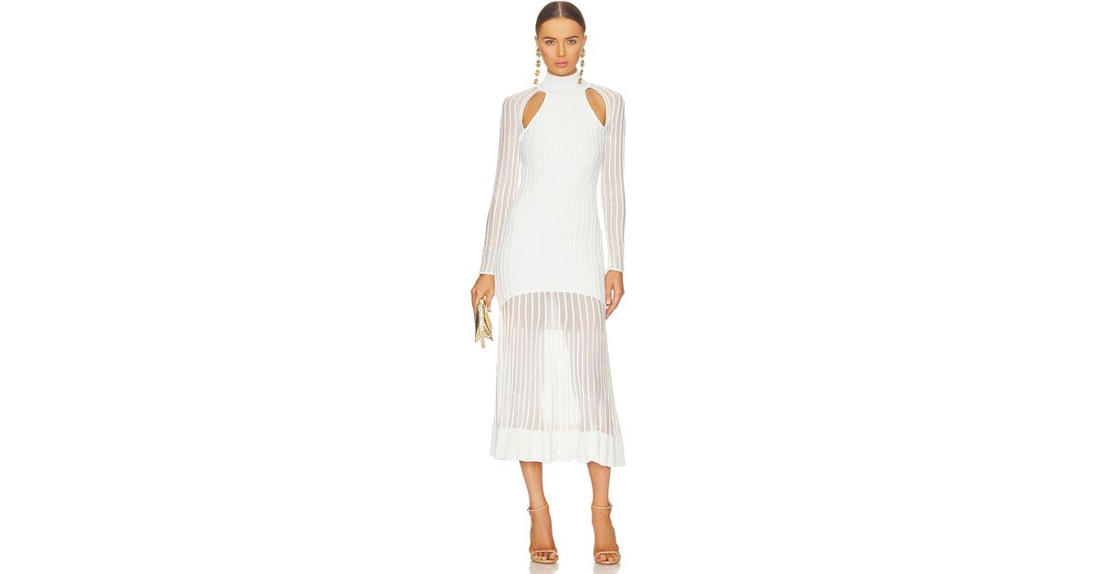Hervé Léger Sheer Fluted Stripe Midi Dress in White | Lyst