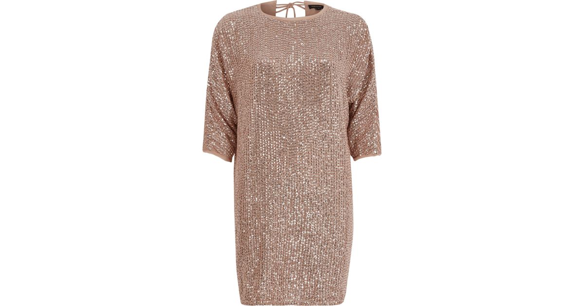 river island sequin embellished shift dress with collar in pink