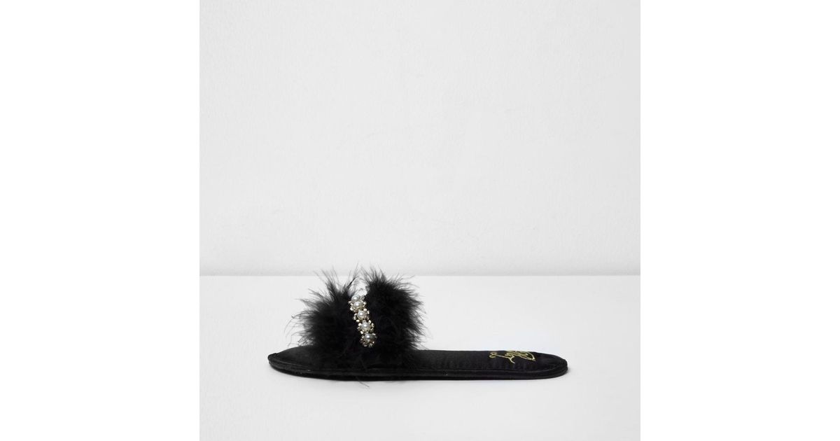 black feather slippers