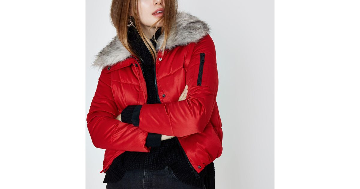red faux fur puffer jacket