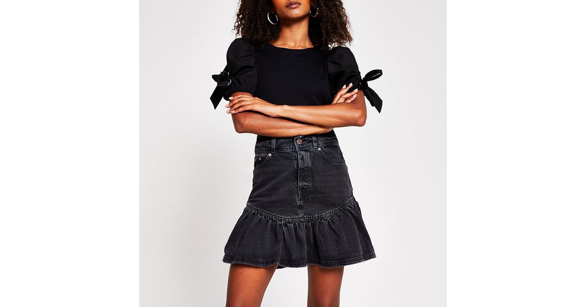 River Island Denim Frill Hem Mini Skirt in Black - Lyst