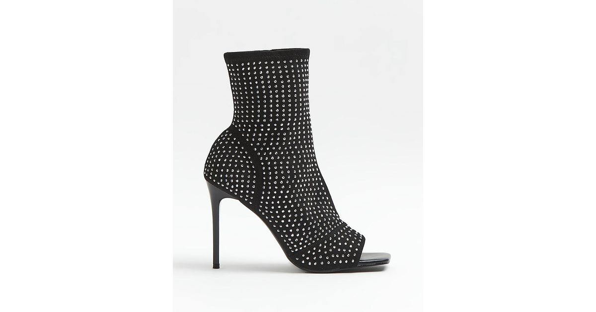 River Island Black Diamante Heeled Ankle Boots | Lyst