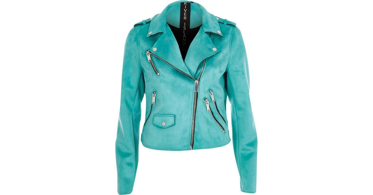 River Island Turquoise Blue Faux Suede Biker Jacket Turquoise Blue Faux ...