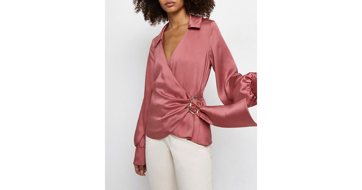 River Island Pink Satin Wrap Blouse | Lyst