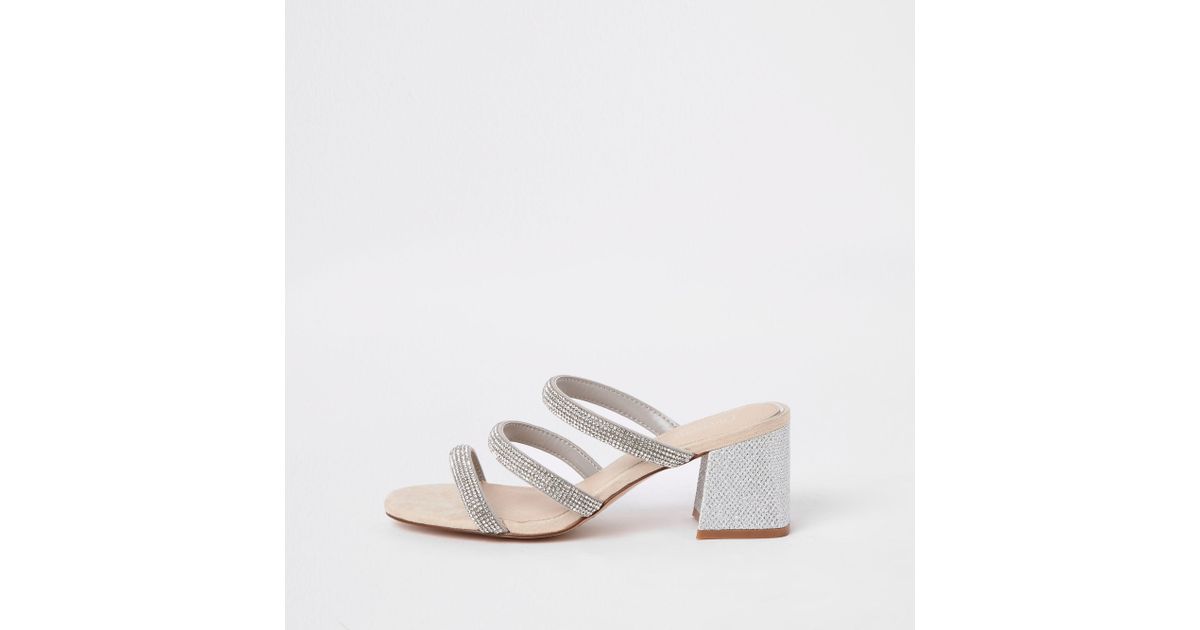 silver embellished block heels